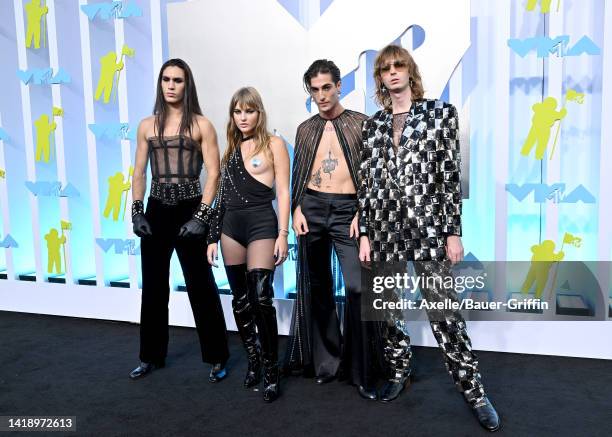 Ethan Torchio, Victoria De Angelis, Damiano David, and Thomas Raggi of Måneskin attends the 2022 MTV Video Music Awards at Prudential Center on...