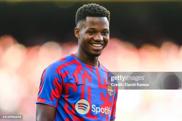 Ansu Fati of FC Barcelona looks on during the warm up prior to the La Liga Santander match between FC Barcelona and Real Valladolid CF at Camp Nou on...