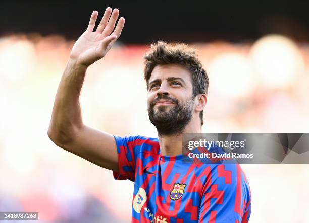 Gerard Pique of FC Barcelona looks on during the warm up prior to the La Liga Santander match between FC Barcelona and Real Valladolid CF at Camp Nou...