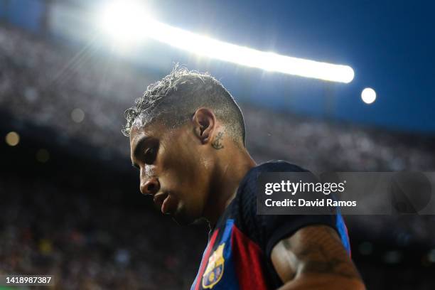 Rafinha of FC Barcelona looks on during the La Liga Santander match between FC Barcelona and Real Valladolid CF at Camp Nou on August 28, 2022 in...