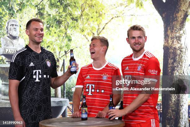 Manuel Neuer attends with Joshua Kimmich and Matthijs de Ligt of FC Bayern München attends the FC Bayern Muenchen and Paulaner photo session at...