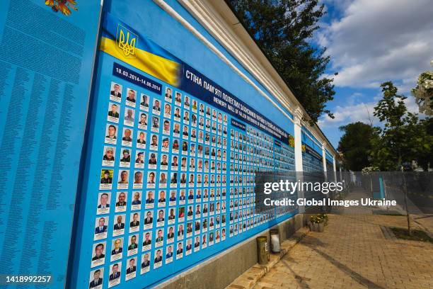 View of the memory wall of fallen defenders of Ukraine in Russian-Ukrainian War on August 21, 2022 in Kyiv, Ukraine. On August 23, Ukraine celebrates...