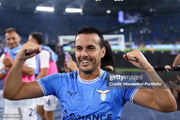 Lazio player Pedro celebrating the victory at the end of the match during the match Lazio-Inter at the Stadio Olimpico. Rome , August 26th, 2022