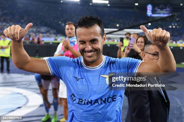 Lazio player Pedro celebrating the victory at the end of the match during the match Lazio-Inter at the Stadio Olimpico. Rome , August 26th, 2022