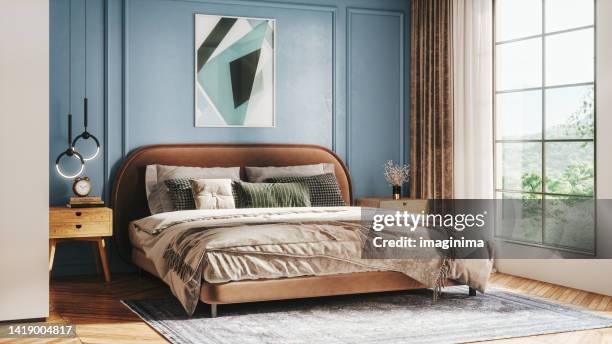scandinavian style bedroom - bright bedroom stockfoto's en -beelden