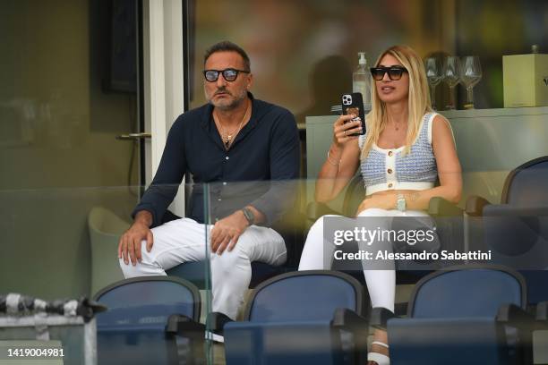 Maurizio Setti Presdent of Hellas verona with his girlfriend Patrizia Ricci during the Serie A match between Hellas Verona and Atalanta BC at Stadio...