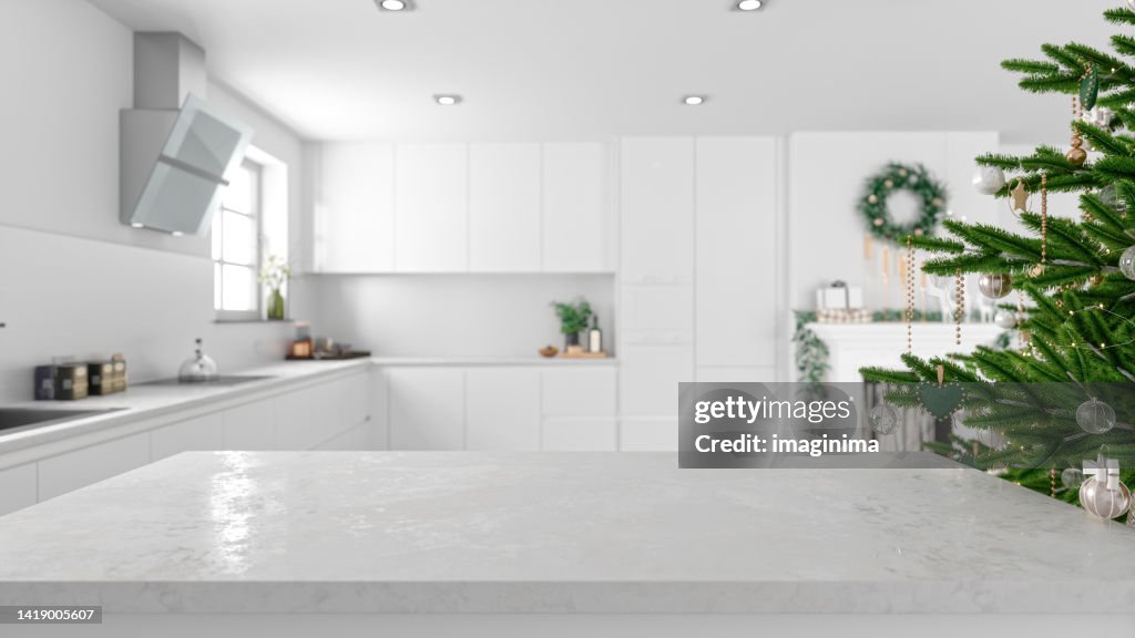 Marble Table In Modern Kitchen With Christmas Decoration