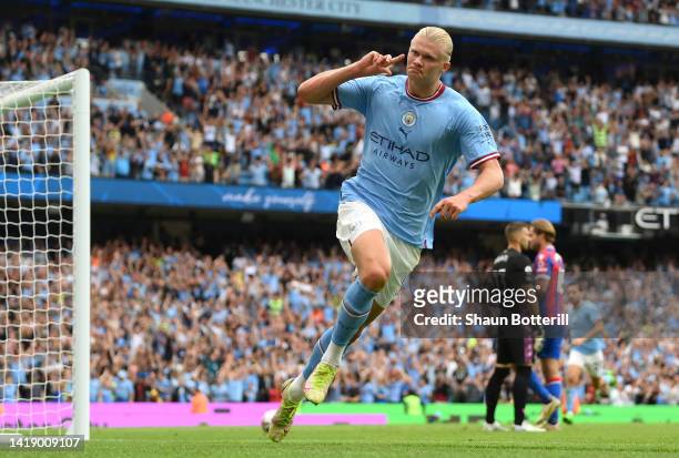 Erling Haaland of Manchester City celebrates his hat trick during the Premier League match between Manchester City and Crystal Palace at Etihad...