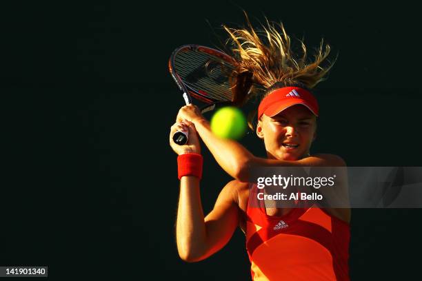 Daniela Hantuchova of Slovakia in action against Ana Ivanovic of Serbia during Day 7 at Crandon Park Tennis Center at the Sony Ericsson Open on March...