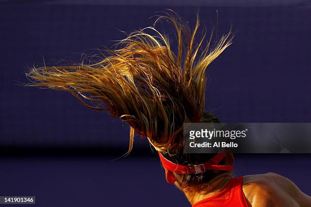 Daniela Hantuchova of Slovakia serves against Ana Ivanovic of Serbia during Day 7 at Crandon Park Tennis Center at the Sony Ericsson Open on March...
