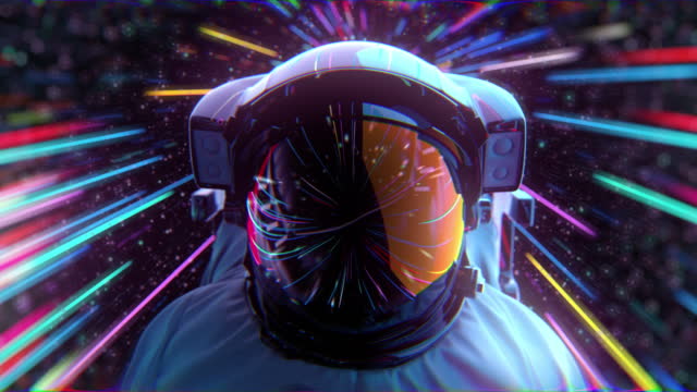 Video game screensaver with an astronaut in Helmet against neon stripes. Astronaut with neon laser lights in dark space. Loop background animation