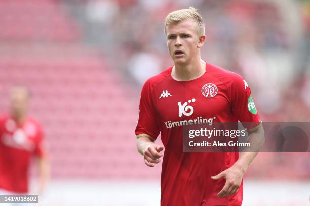 Jonathan Burkardt of Mainz reacts during the Bundesliga match between 1. FSV Mainz 05 and Bayer 04 Leverkusen at MEWA Arena on August 27, 2022 in...