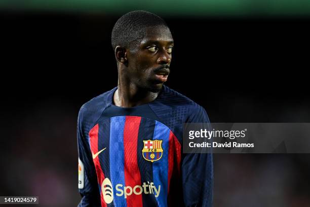 Ousmane Dembele of FC Barcelona looks on during the La Liga Santander match between FC Barcelona and Real Valladolid CF at Camp Nou on August 28,...