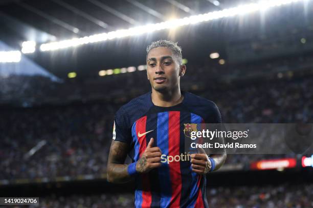 Rafinha of FC Barcelona looks on during the La Liga Santander match between FC Barcelona and Real Valladolid CF at Camp Nou on August 28, 2022 in...