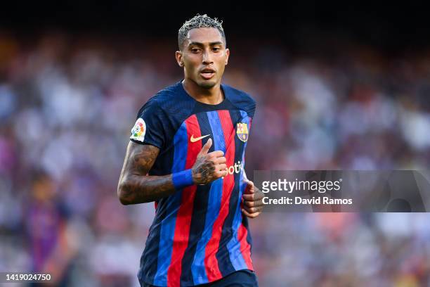 Rafinha of FC Barcelona looks on during the La Liga Santander match between FC Barcelona and Real Valladolid CF at Camp Nou on August 28, 2022 in...