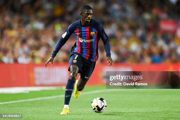 Ousmane Dembele of FC Barcelona runs with the ball during the La Liga Santander match between FC Barcelona and Real Valladolid CF at Camp Nou on...