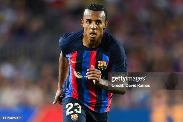 Jules Kounde of FC Barcelona looks on during the La Liga Santander match between FC Barcelona and Real Valladolid CF at Camp Nou on August 28, 2022...