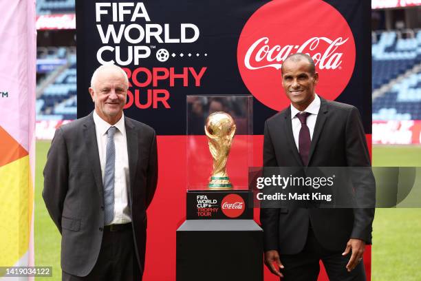 Socceroos coach Graham Arnold and Rivaldo pose with the FIFA Men's World Cup Trophy during the FIFA World Cup Trophy Tour by Coca-Cola at Allianz...