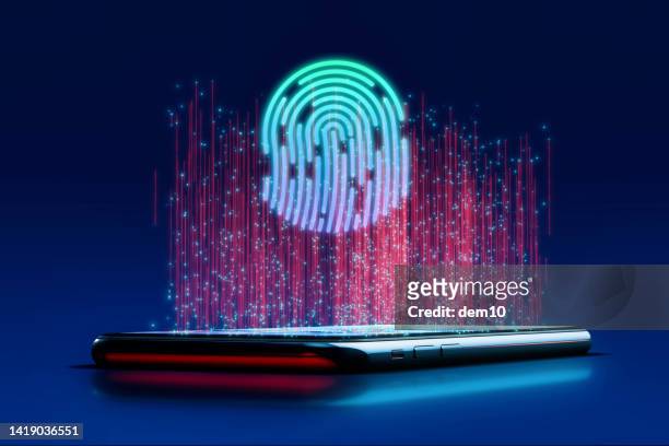 fingerprint scanning on mobile phone with verification process - forensic science stock illustrations