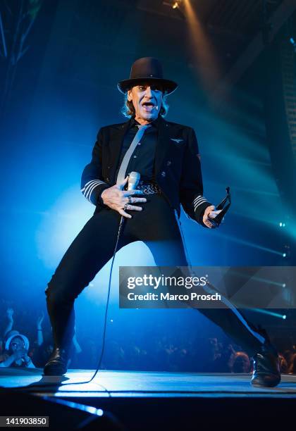 German singer Udo Lindenberg performs on stage at the Arena on March 25, 2012 in Leipzig, Germany.