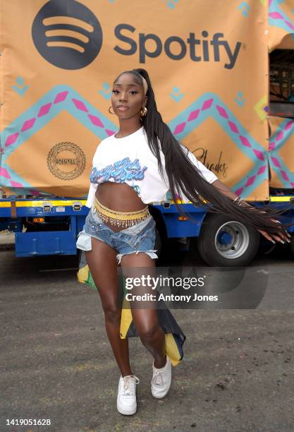 Indiyah Polack poses before boarding the Spotify x Socaholic float at Notting Hill Carnival on August 29, 2022 in London, England.