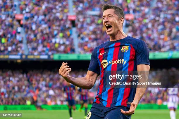 Robert Lewandowski of FC Barcelona celebrates after scoring his team's first goal during the LaLiga Santander match between FC Barcelona and Real...