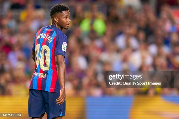 Ansu Fati of FC Barcelona looks on during the LaLiga Santander match between FC Barcelona and Real Valladolid CF at Camp Nou on August 28, 2022 in...