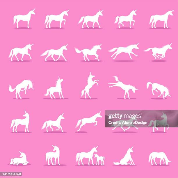 ilustraciones, imágenes clip art, dibujos animados e iconos de stock de iconos de unicornio aislados en rosa. animal misterioso. - unicorn