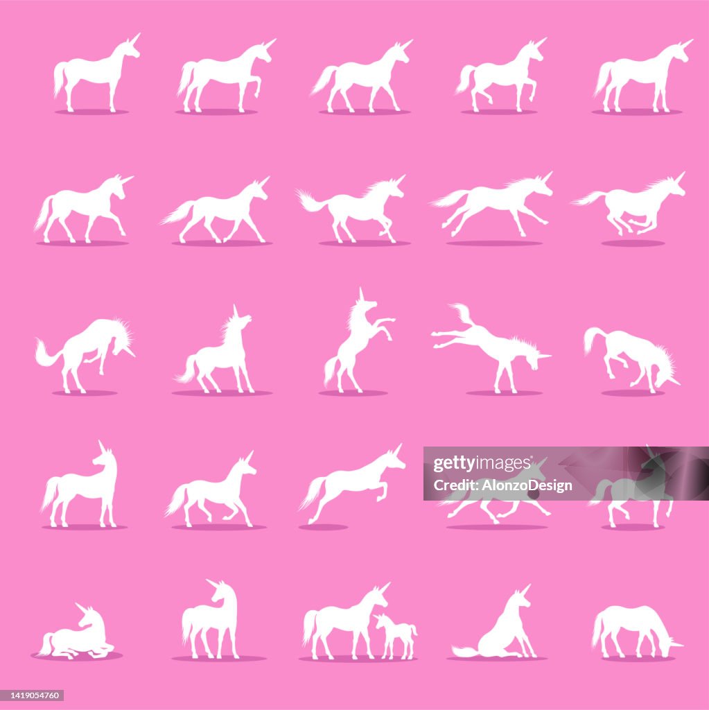 Unicorn icons set isolated on pink. Mysterious animal.