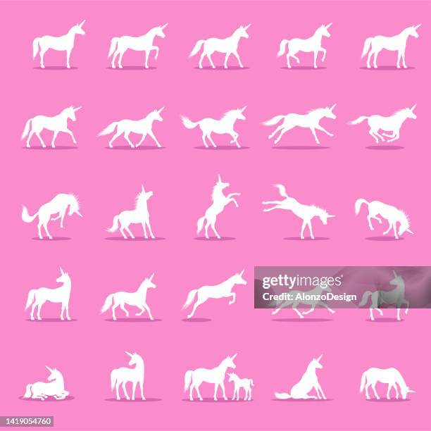 unicorn icons set isolated on pink. mysterious animal. - unicorn horn stock illustrations