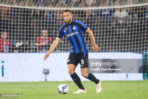Stefan de Vrij of FC Internazionale during the Serie A match between SS Lazio and FC Internazionale at Stadio Olimpico on August 26, 2022 in Rome,...