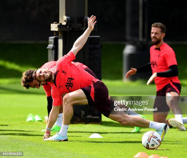 James Milner of Liverpool during a training session at AXA Training Centre on August 29, 2022 in Kirkby, England.