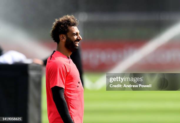 Mohamed Salah of Liverpool during a training session at AXA Training Centre on August 29, 2022 in Kirkby, England.