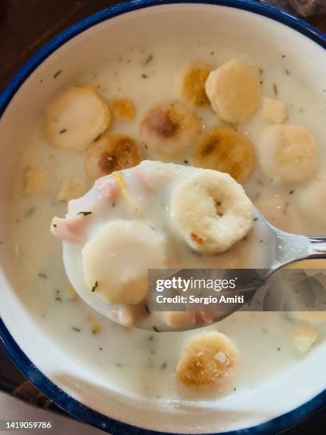 clam chowder - fischsuppe stock-fotos und bilder