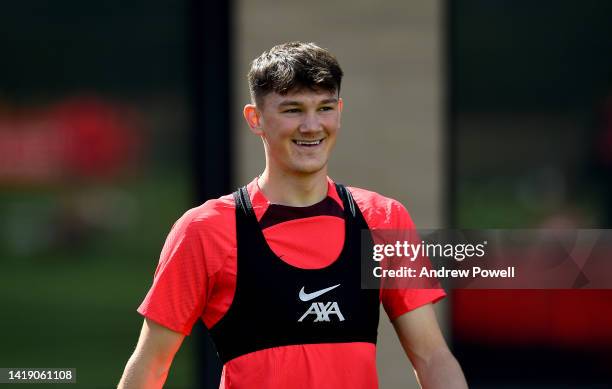 Calvin Ramsay of Liverpool during a training session at AXA Training Centre on August 29, 2022 in Kirkby, England.