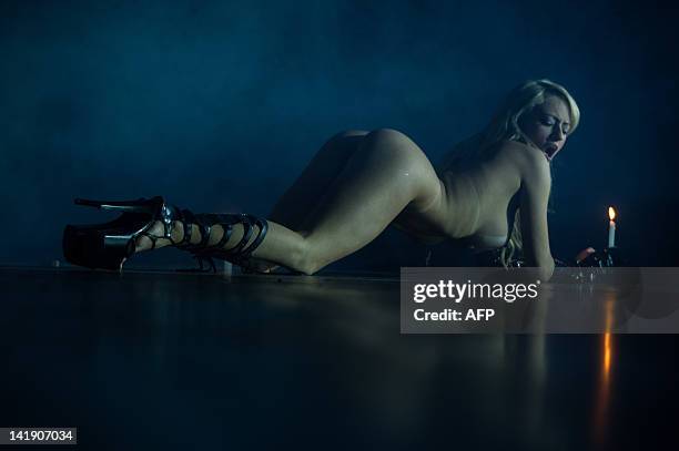 Naked dancer performs during a strip dance contest during the "Erotika Fair" in Sao Paulo, Brazil on March 25, 2012. The annual fair of products and...