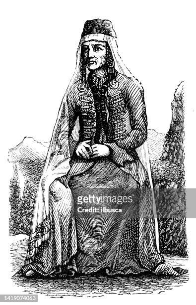 antique illustration, ethnography and indigenous cultures: central asia and eastern europe, svan woman - georgian man stock illustrations