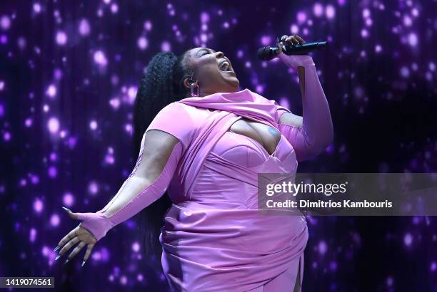 Lizzo performs onstage at the 2022 MTV VMAs at Prudential Center on August 28, 2022 in Newark, New Jersey.