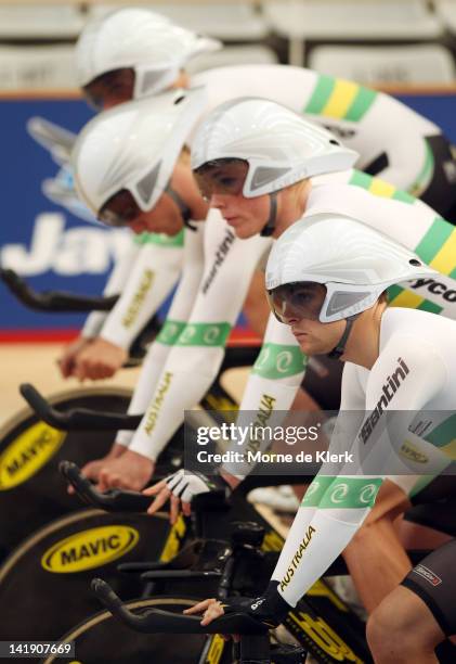 Jack Bobridge of Australia gets set to ride during a Cycling Australia training session at the Adelaide Velodrome on March 26, 2012 in Adelaide,...