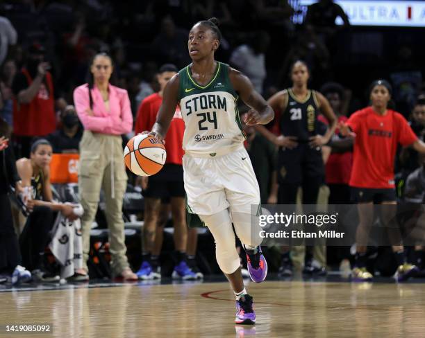 Jewell Loyd of the Seattle Storm brings the ball up the court against the Las Vegas Aces in the fourth quarter of Game One of the 2022 WNBA Playoffs...