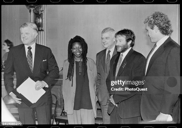 View of, from left, US Senator Ted Kennedy , actor & comedian Whoopi Goldberg, Senator Mark Hatfield , actor & comedian Robin Williams , and US...