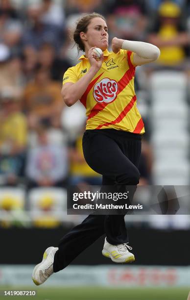 Nat Sciver of Trent Rockets bowls during the Hundred match between Trent Rockets Women and Welsh Fire Women at Trent Bridge on August 29, 2022 in...