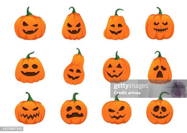 stockillustraties, clipart, cartoons en iconen met halloween pumpkins different faces set - pompoen