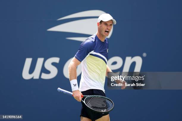 Andy Murray of Great Britain reacts to a point against Francisco Cerundolo of Argentina during the Men's Singles First Round on Day One of the 2022...