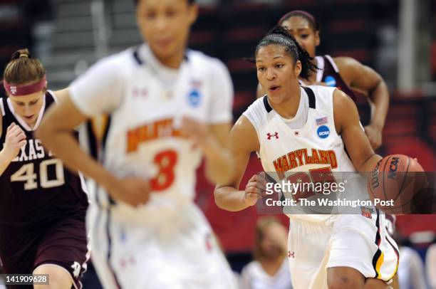 Maryland Terrapins forward Alyssa Thomas runs the ball down court during a Regional Semifinal game of the Women's NCAA basketball tournament at PNC...