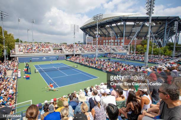 August 29: A general view of the packed viewing areas on the outside courts as Sebastian Korda of the United States plays against Facundo Bagnis of...