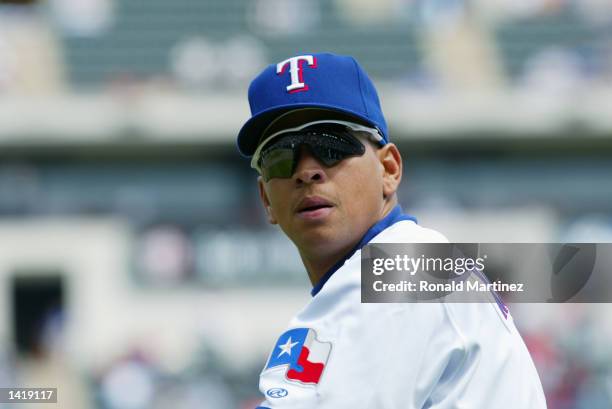 Alex Rodriguez of the Texas Rangers during the home-opener game against the Anaheim Angels at The Ballpark in Arlington, Texas. The Angels won 3-1....