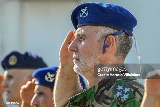 The Chief of Staff of the Navy Admiral Henrique Gouveia e Melo salutes as the national anthem is being played during the welcome ceremony of Marines...