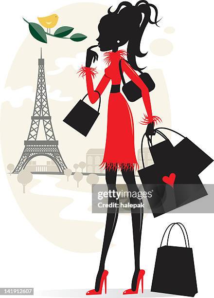 shopping und paris - verführerische frau stock-grafiken, -clipart, -cartoons und -symbole