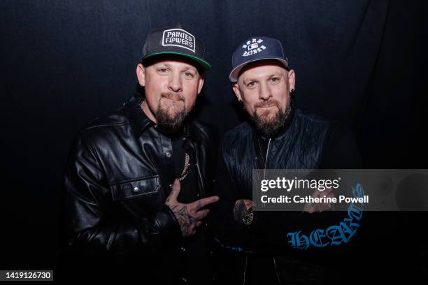 Joel Madden and Benji Madden is seen backstage at the 2022 MTV VMAs at Prudential Center on August 28, 2022 in Newark, New Jersey.